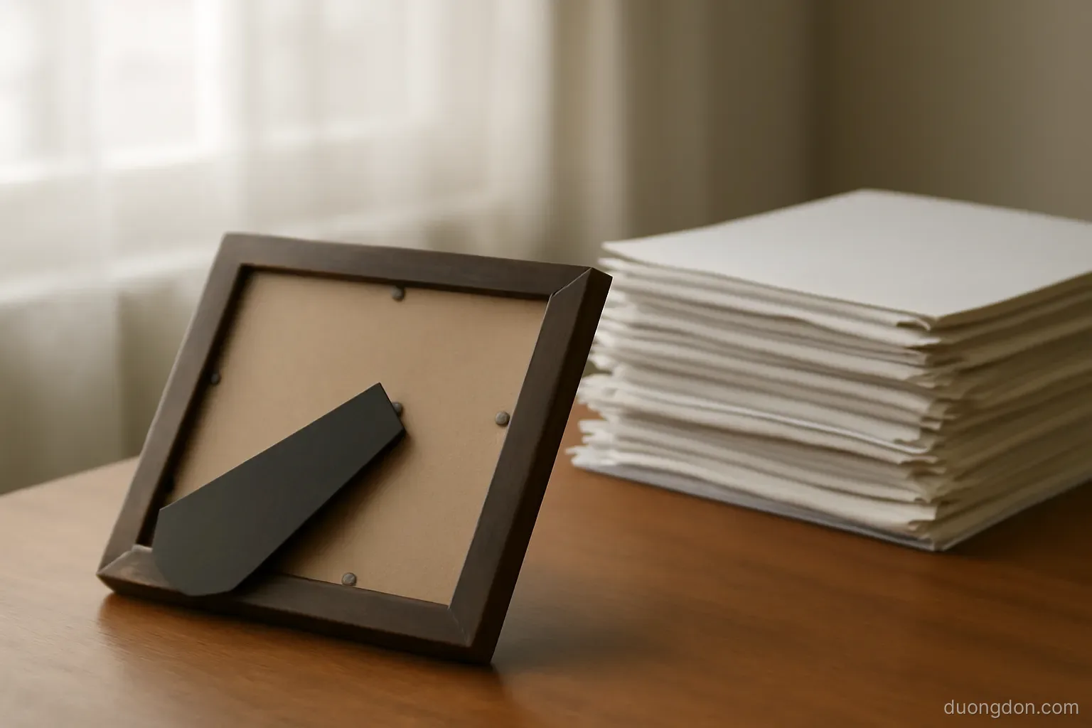 a family photo frame turned face down beside a stack of paperwork on a desk, soft window light, frame backing plain