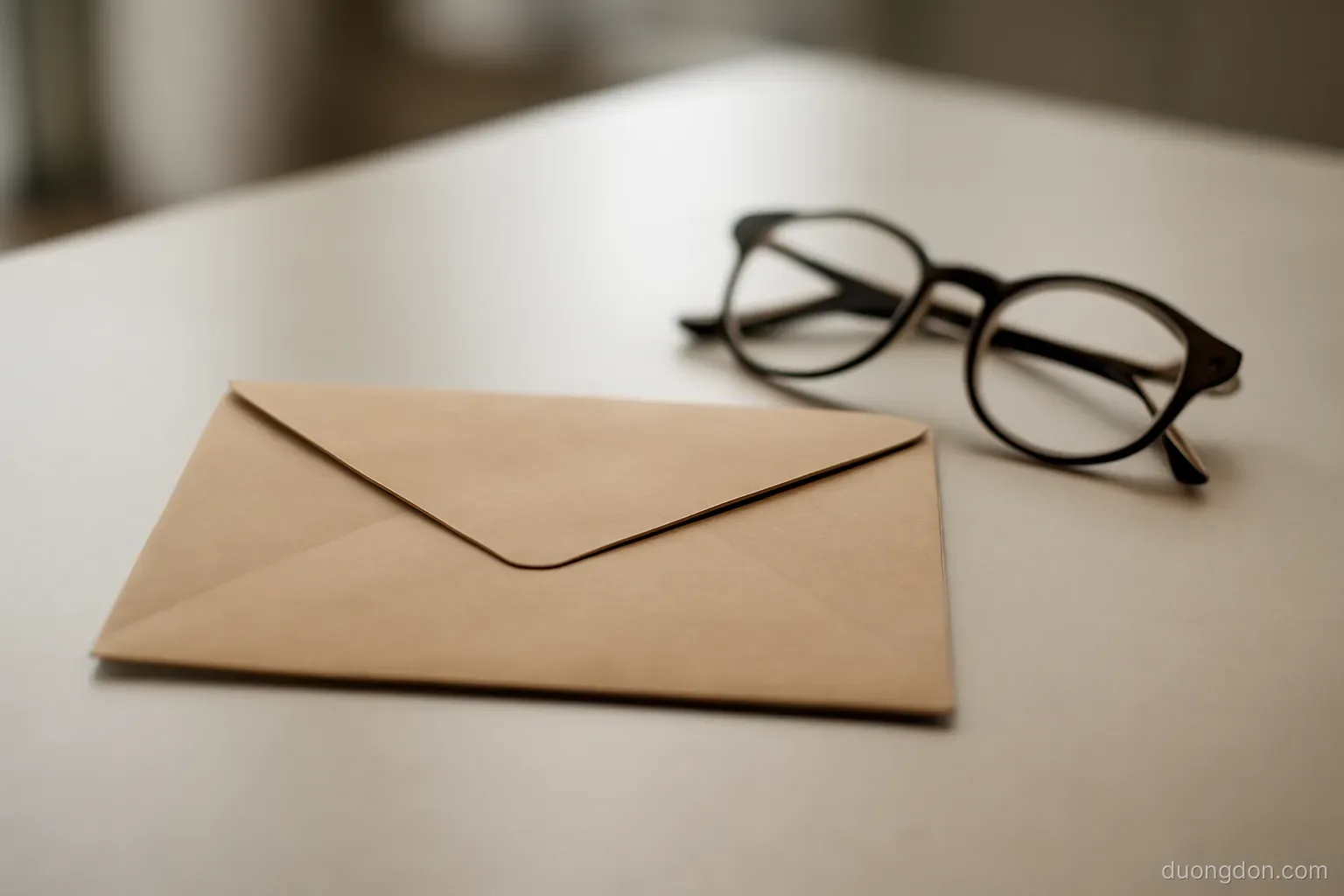 a sealed brown envelope resting on a plain table beside a pair of reading glasses, neutral daylight, envelope unmarked