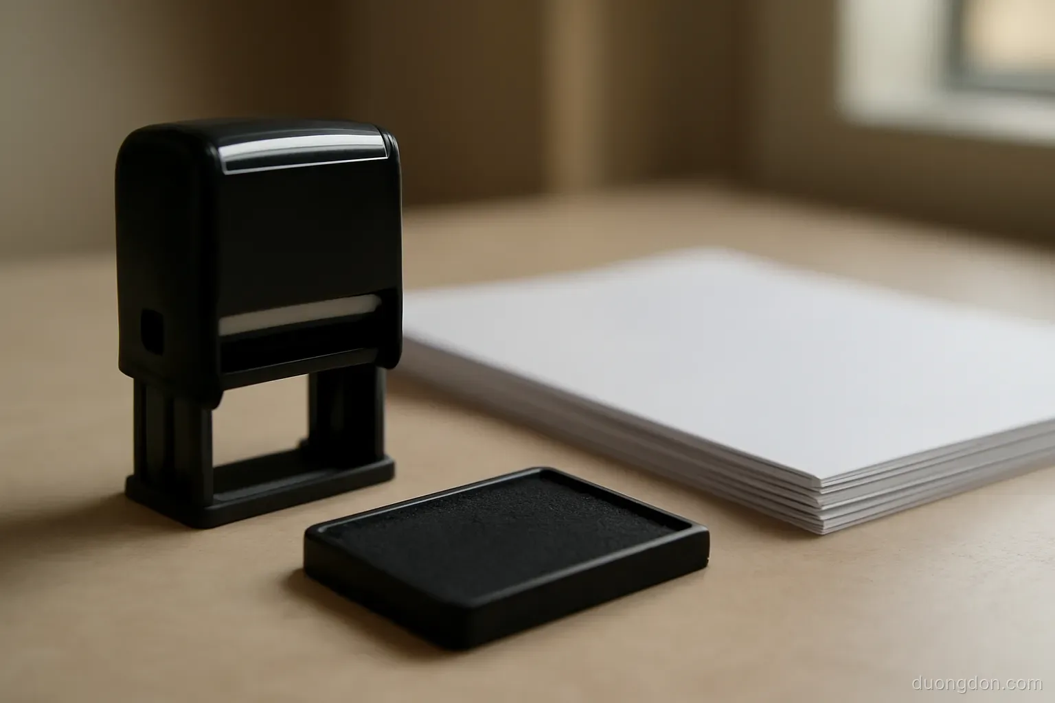 a document stamp and ink pad sitting on a counter next to a neat stack of papers, close view, papers face down