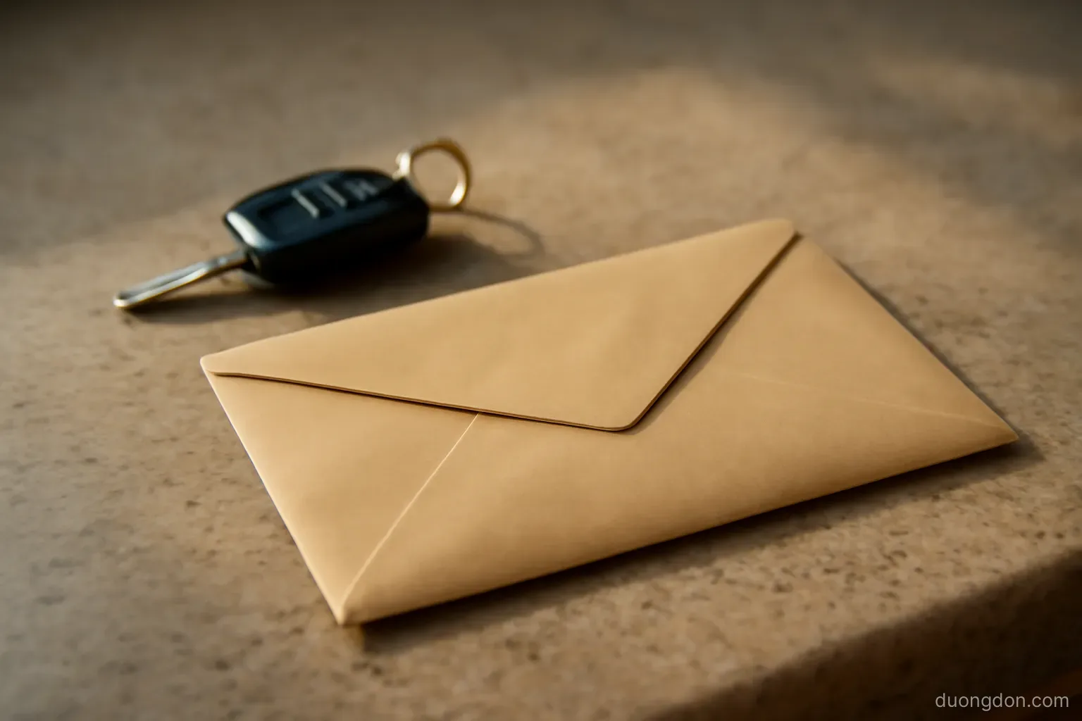 a closed envelope lying unopened on a kitchen counter beside car keys, late afternoon light, envelope face plain