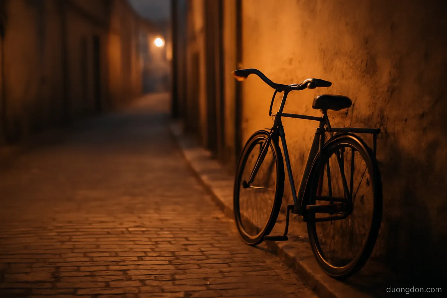 a bicycle leaning against a wall at the end of a quiet lane at dusk, warm low light, no signage