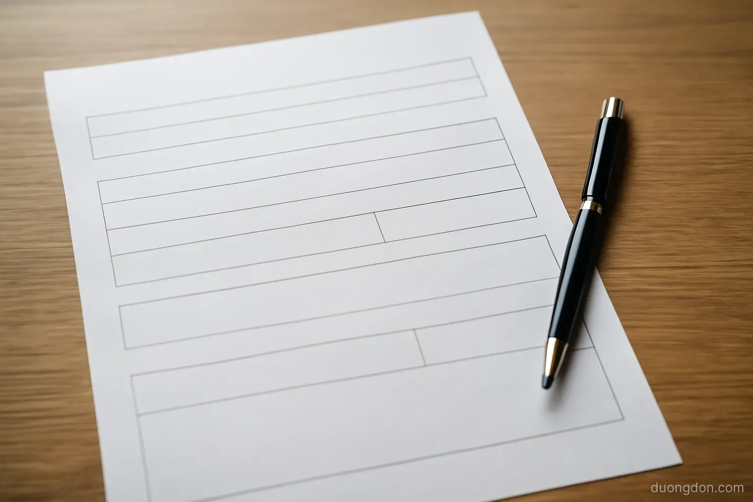 a printed form on a table with one blank field left empty and a pen beside it, close overhead view, text illegible