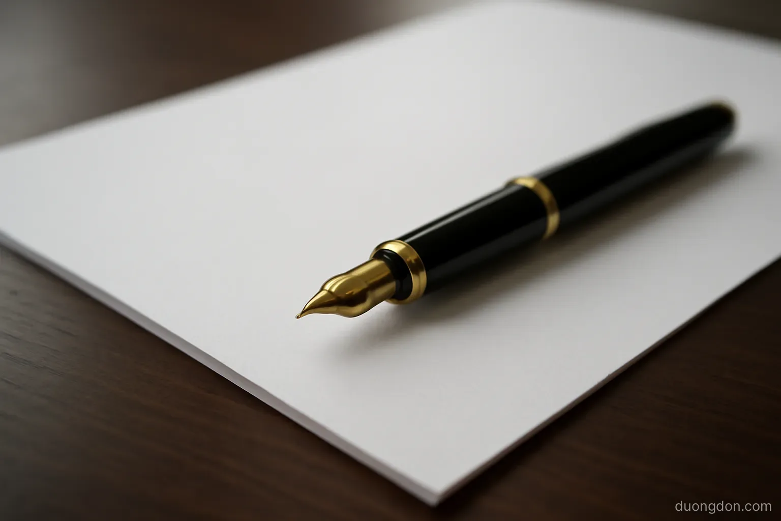 a fountain pen resting on the corner of a formal document on a dark desk, close view, page text out of focus