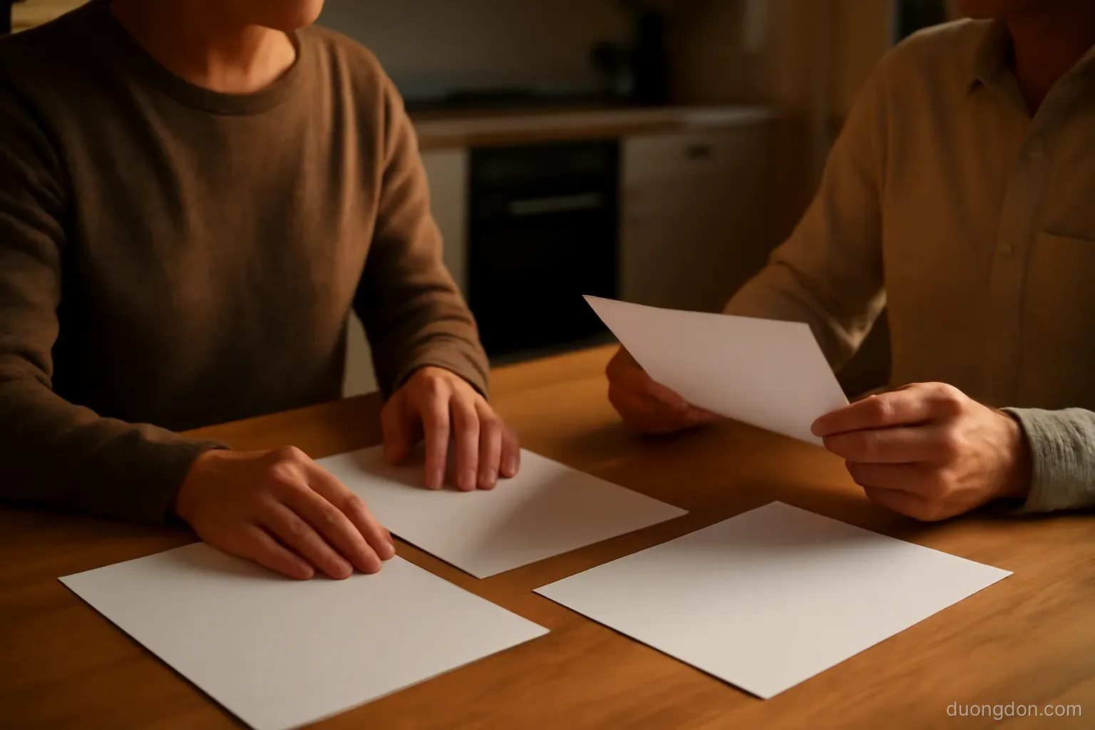 two adults sitting at a kitchen table with papers spread between them in evening light, hands visible, documents blank