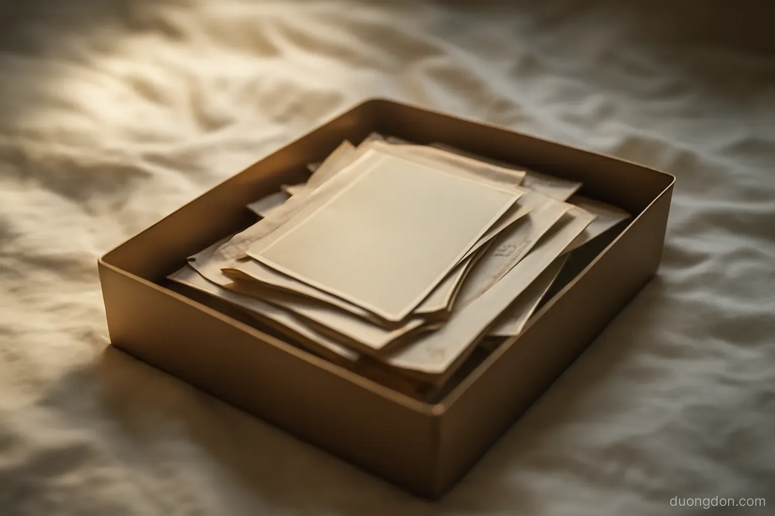 a shoebox of loose printed photographs and letters on a bed, contents face down and indistinct, soft afternoon light
