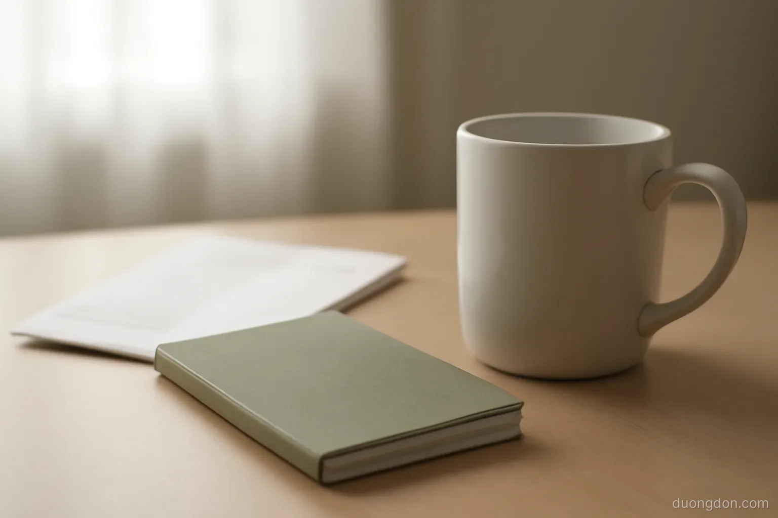 a bank passbook and a folded statement lying beside a ceramic mug on a desk, soft natural light, pages closed