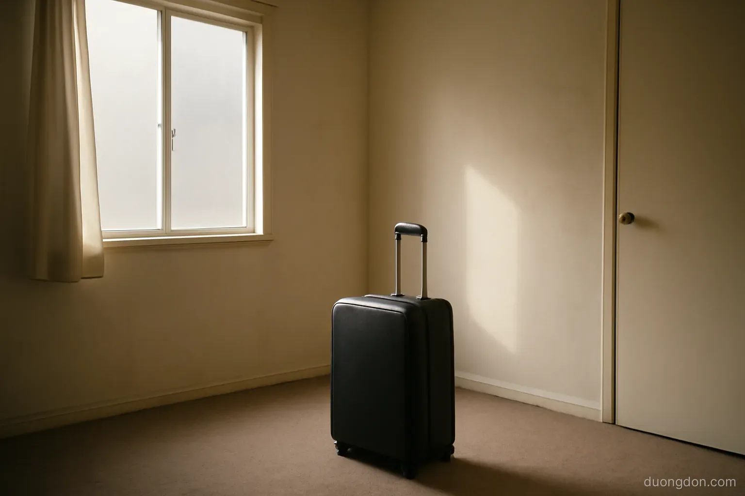 a suitcase standing by a doorway in a small rented room with bare walls, morning light through a window, no posters or text