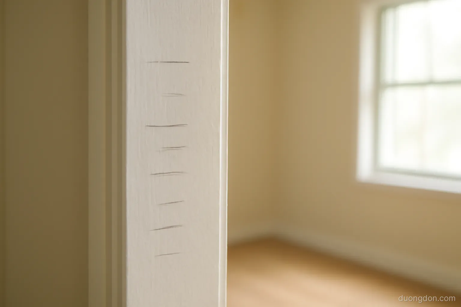 a child height chart pencil marks on a doorframe in an empty room, soft daylight, marks visible but no numbers or writing
