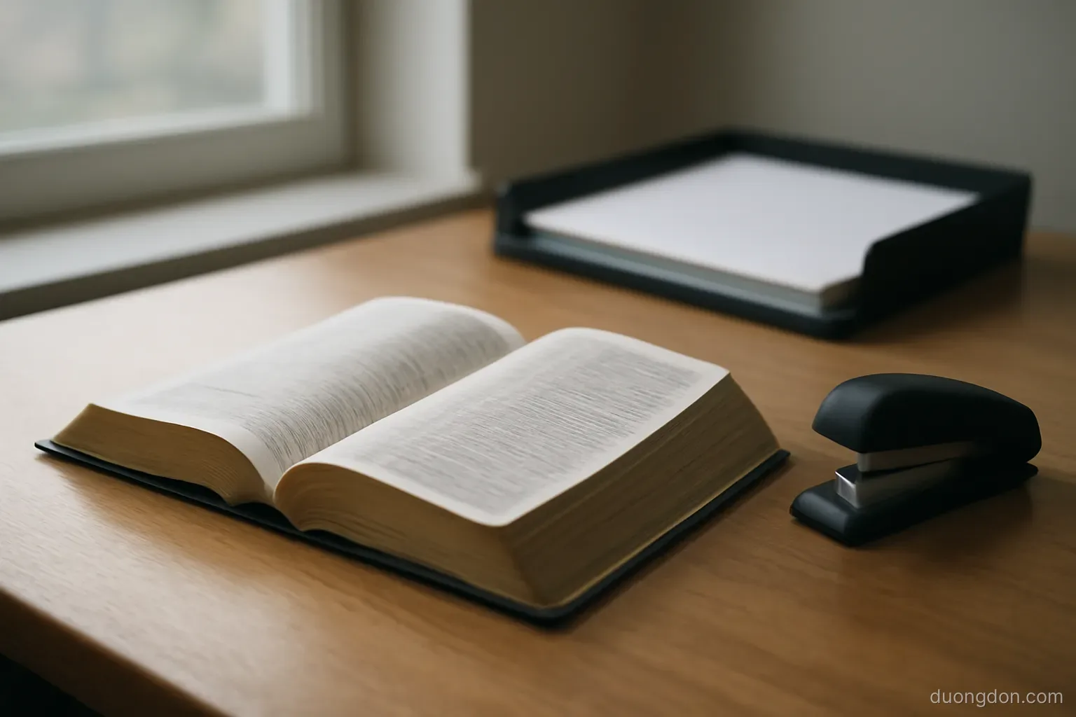 a translator desk with a dictionary open face down, a stapler and a tray of papers, daylight from the left, no readable print