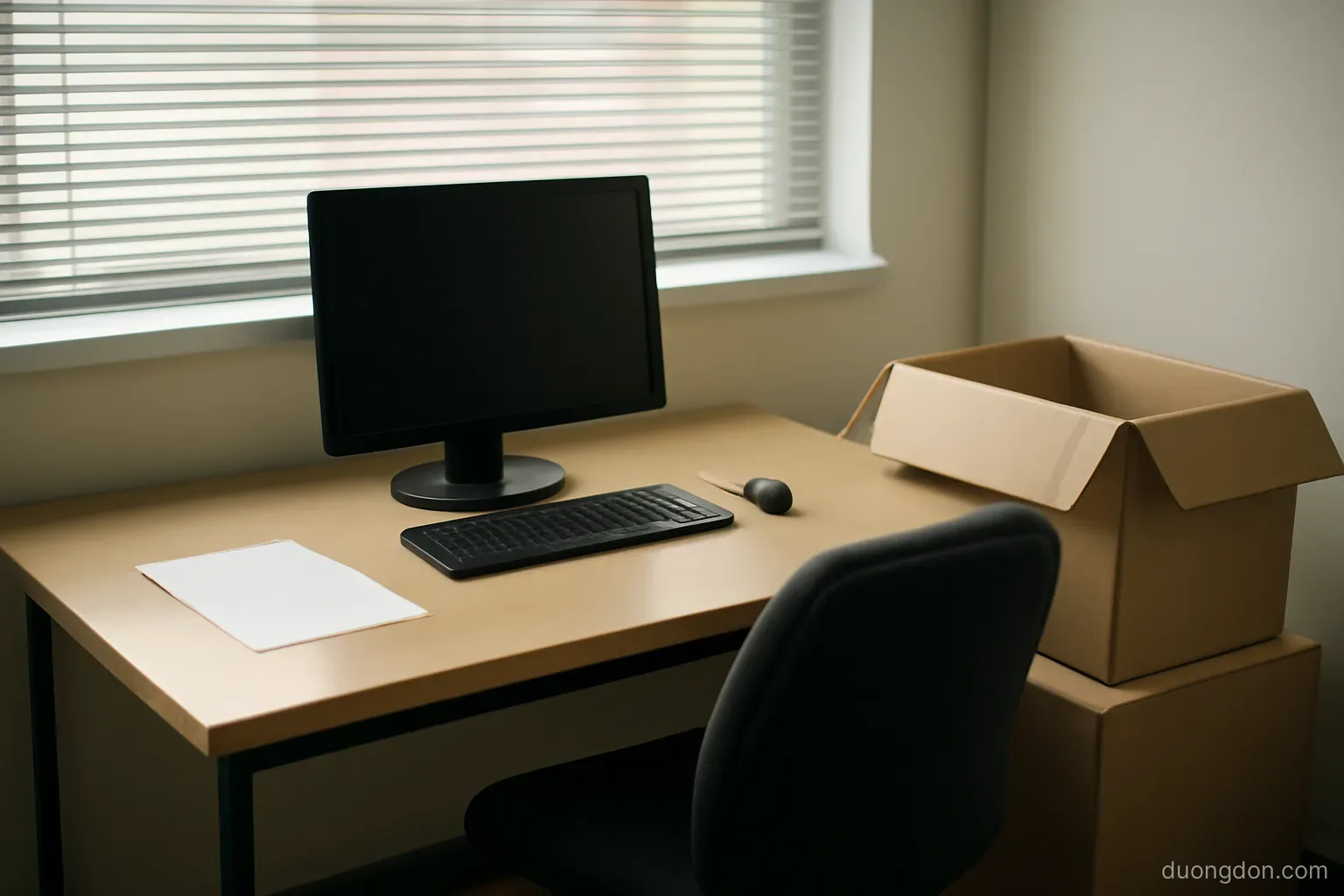 an empty office desk with a chair pushed in and a cardboard box on the floor beside it, daylight through blinds, no objects labelled