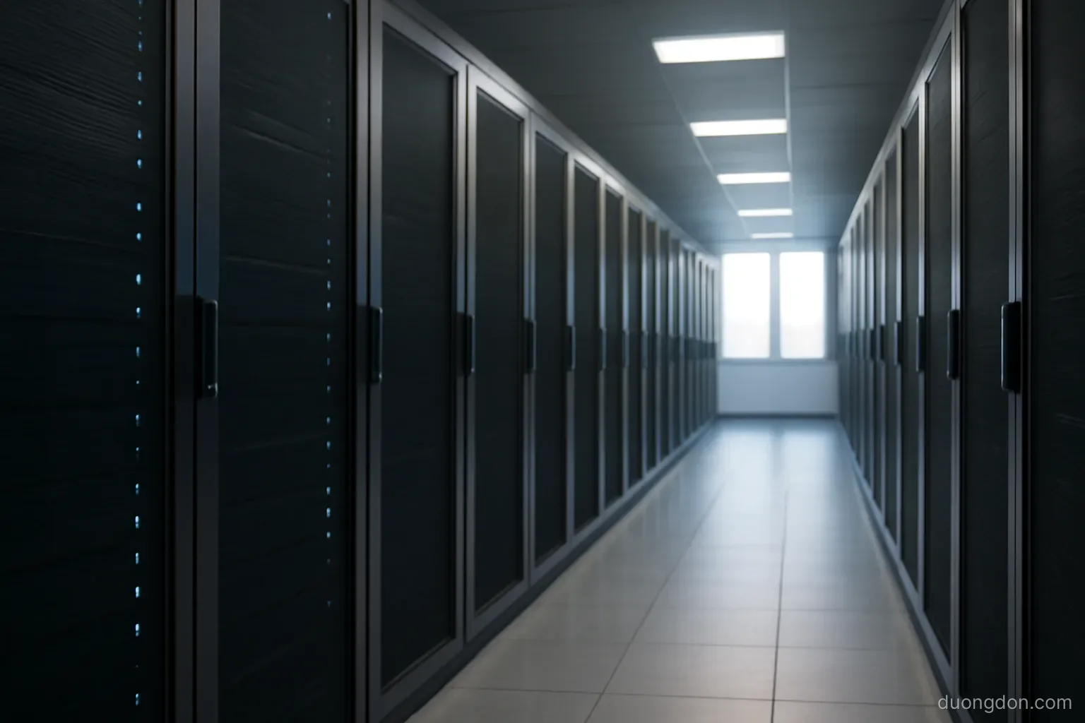 a server room corridor with rows of closed cabinets and soft blue indicator light, wide angle, no labels or screens