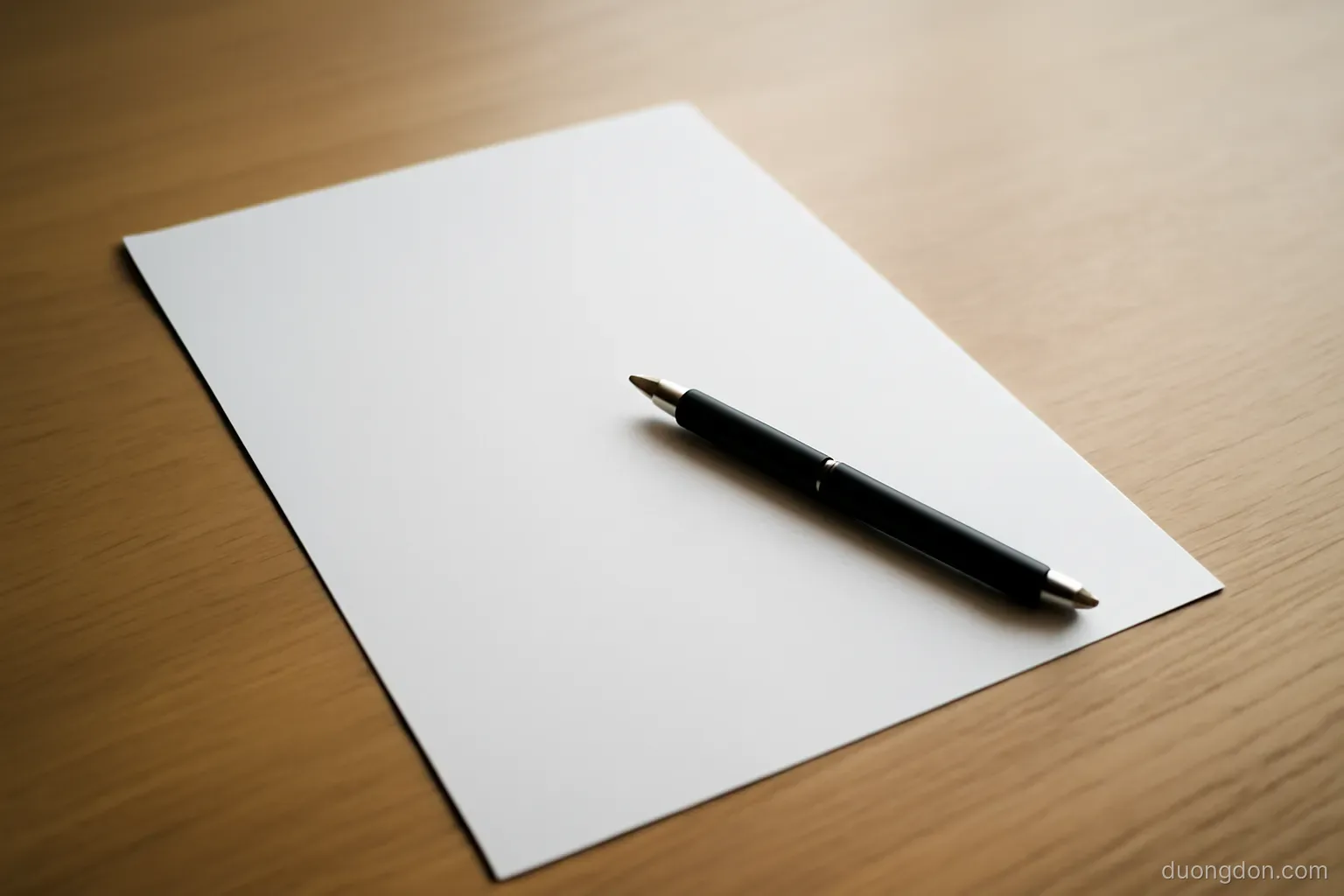 a single unsigned form lying at the centre of a clean wooden desk with a pen placed across it, soft side light, paper blank