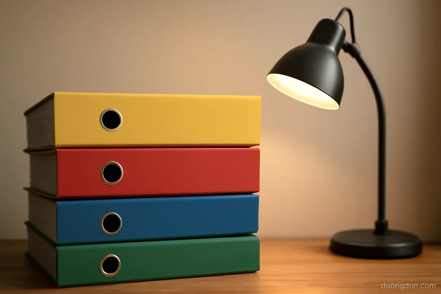 four stacked document folders in different colours on a shelf beside a desk lamp, warm light, covers plain without labels
