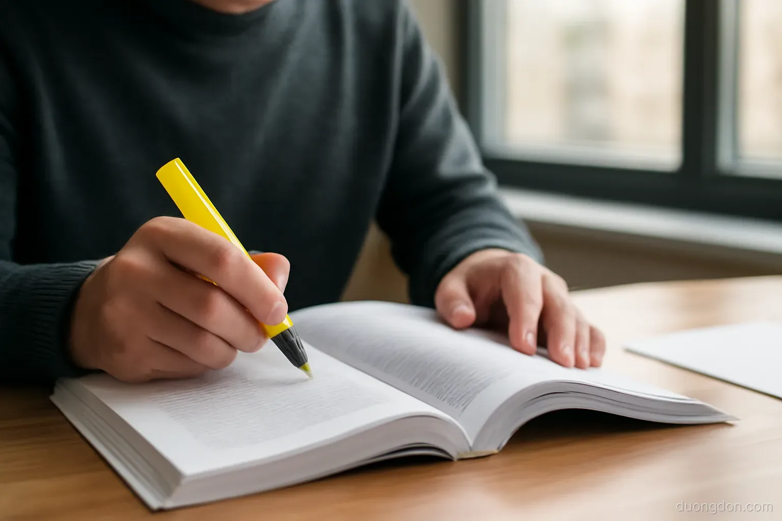 a person reviewing a thick printed document at a desk with a highlighter in hand, office window behind, pages turned away from camera
