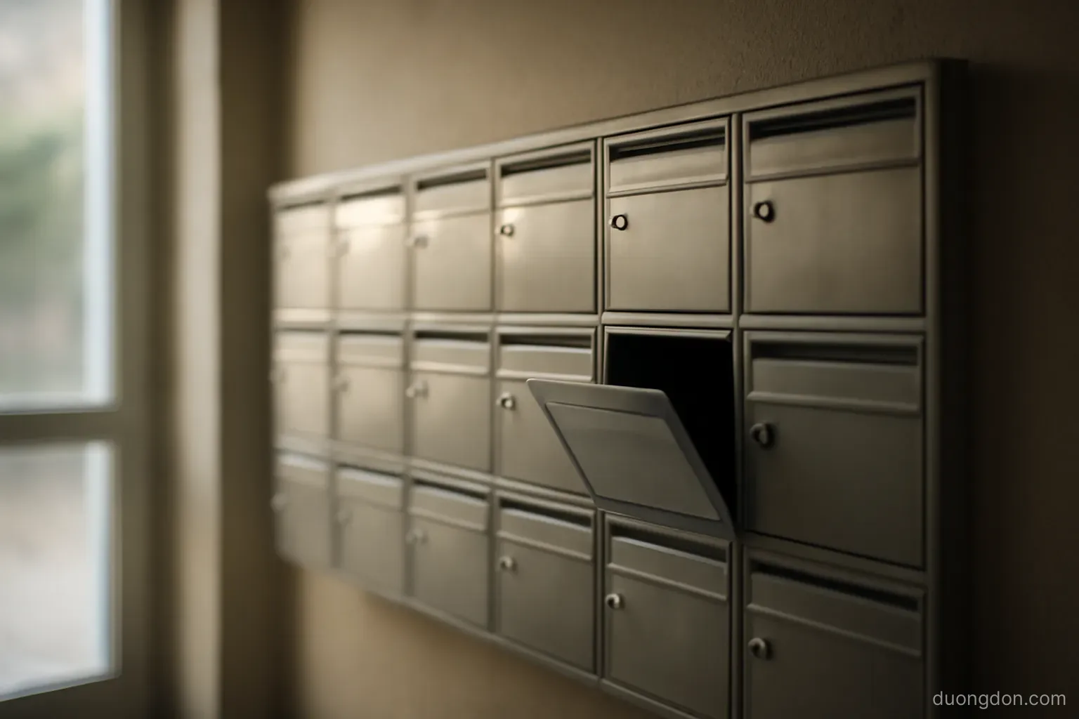 a row of metal mailboxes in an apartment lobby with one door slightly open, muted light, no names or numbers visible