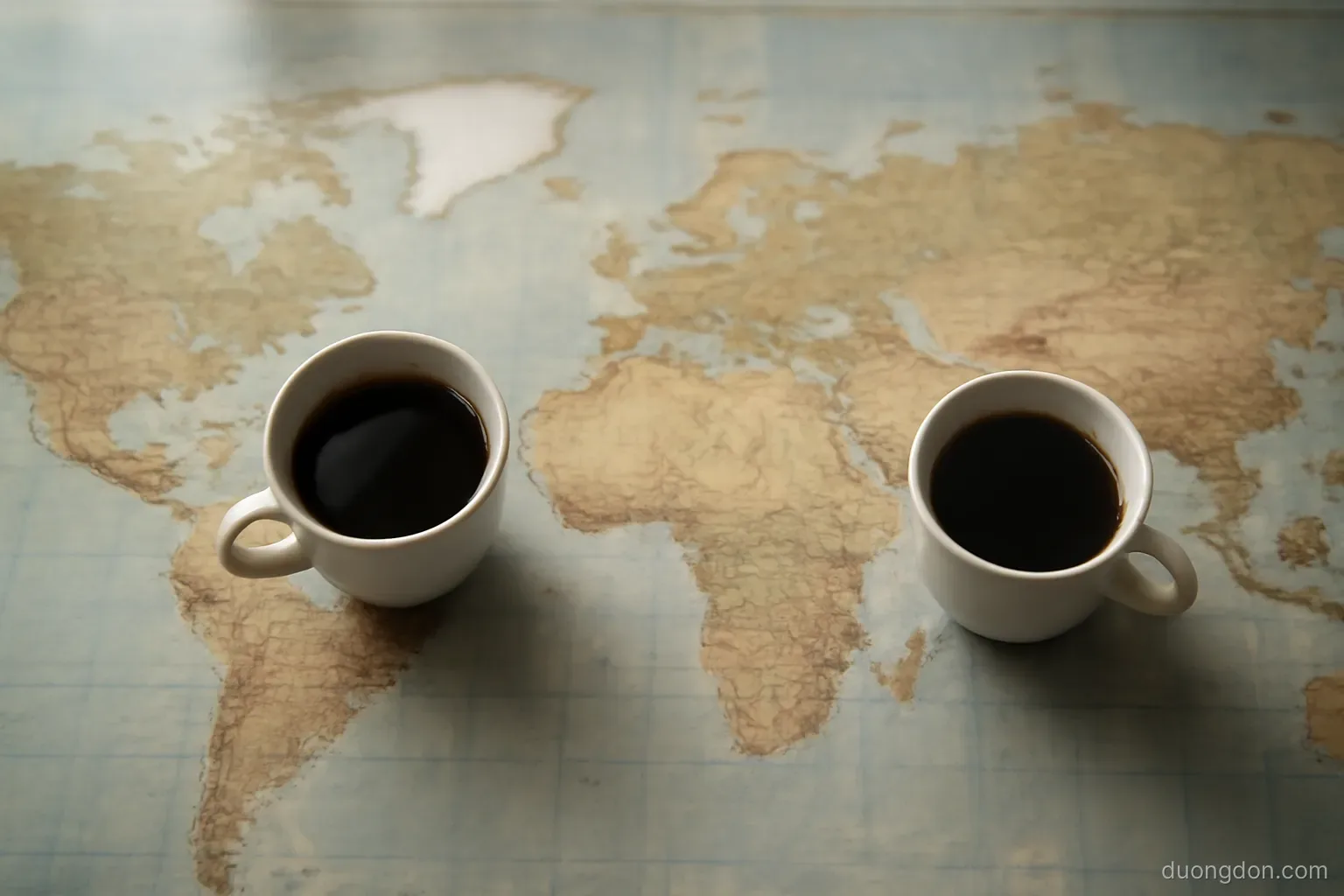 a world map spread flat on a table with two coffee cups placed apart on it, overhead view, map details muted and unlabelled