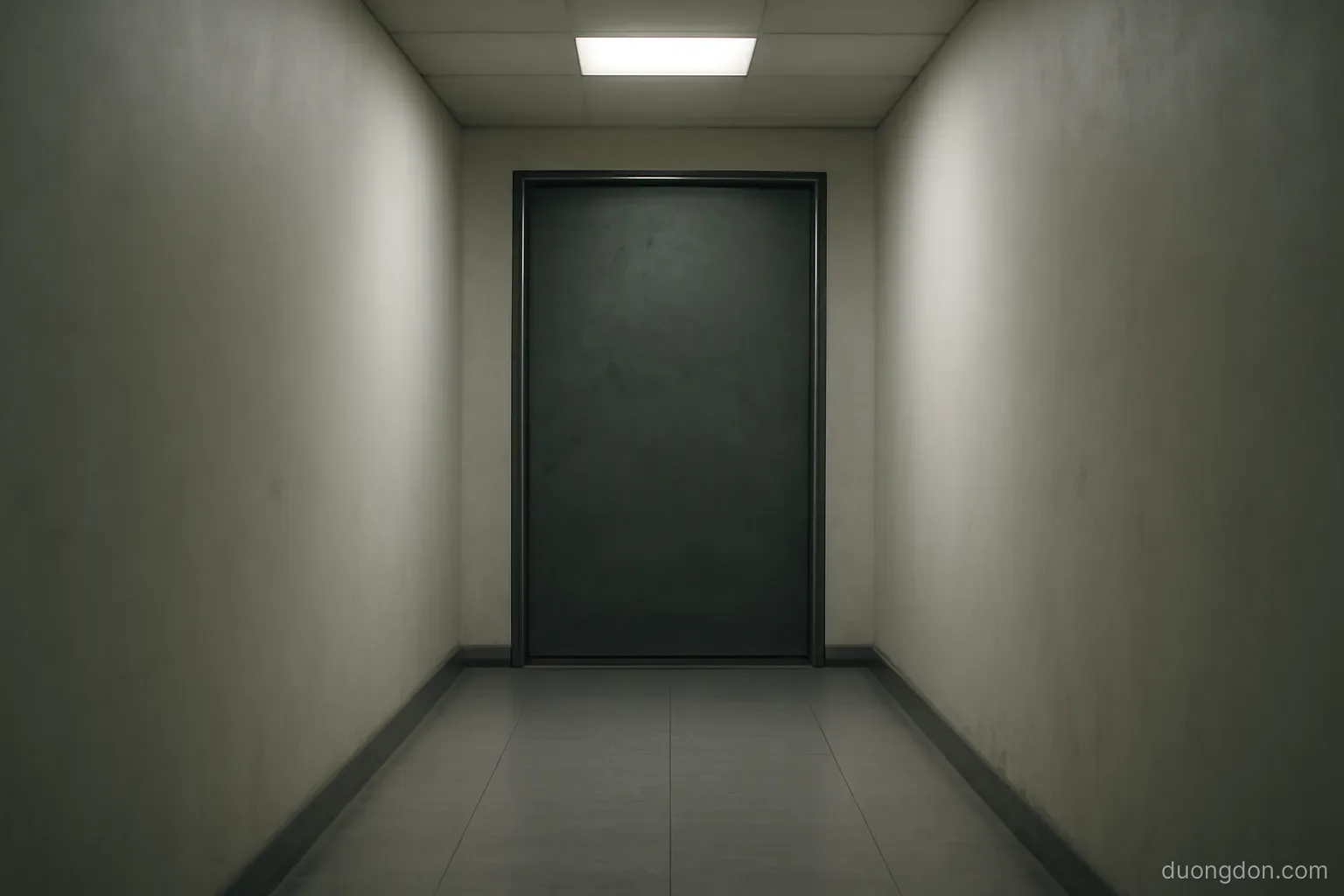a heavy closed metal door at the end of a plain corridor, cold light from above, no signage or handle detail