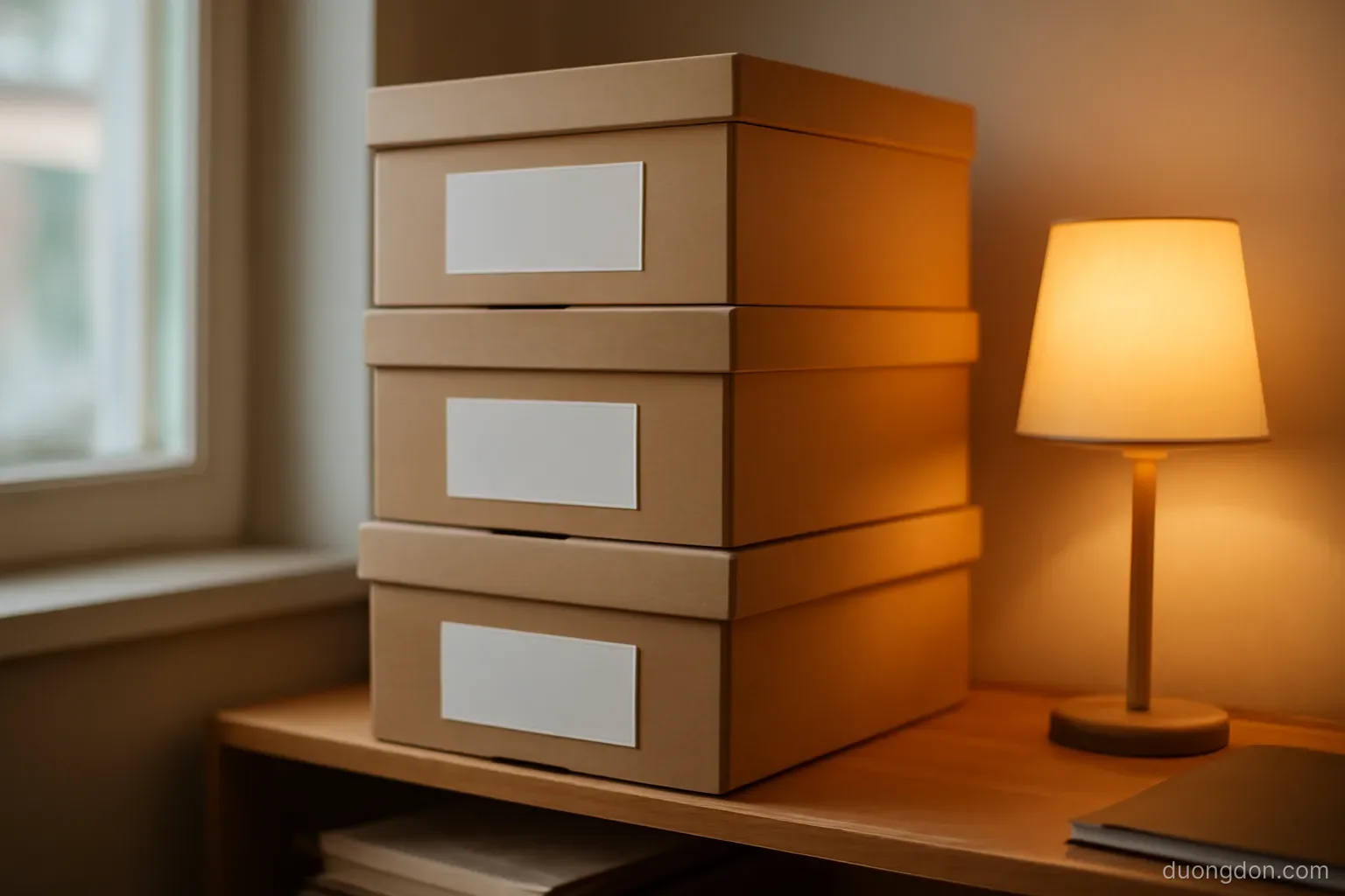 labelled cardboard document boxes stacked on a shelf in a home office, warm lamp light, labels blank white