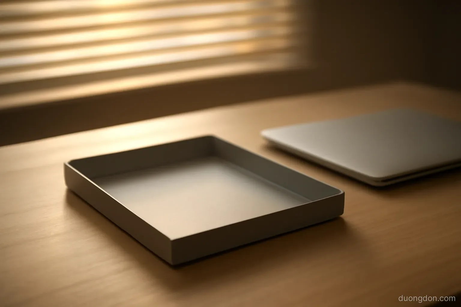 an empty inbox tray on a desk beside a closed laptop, late afternoon light through blinds, tray unmarked