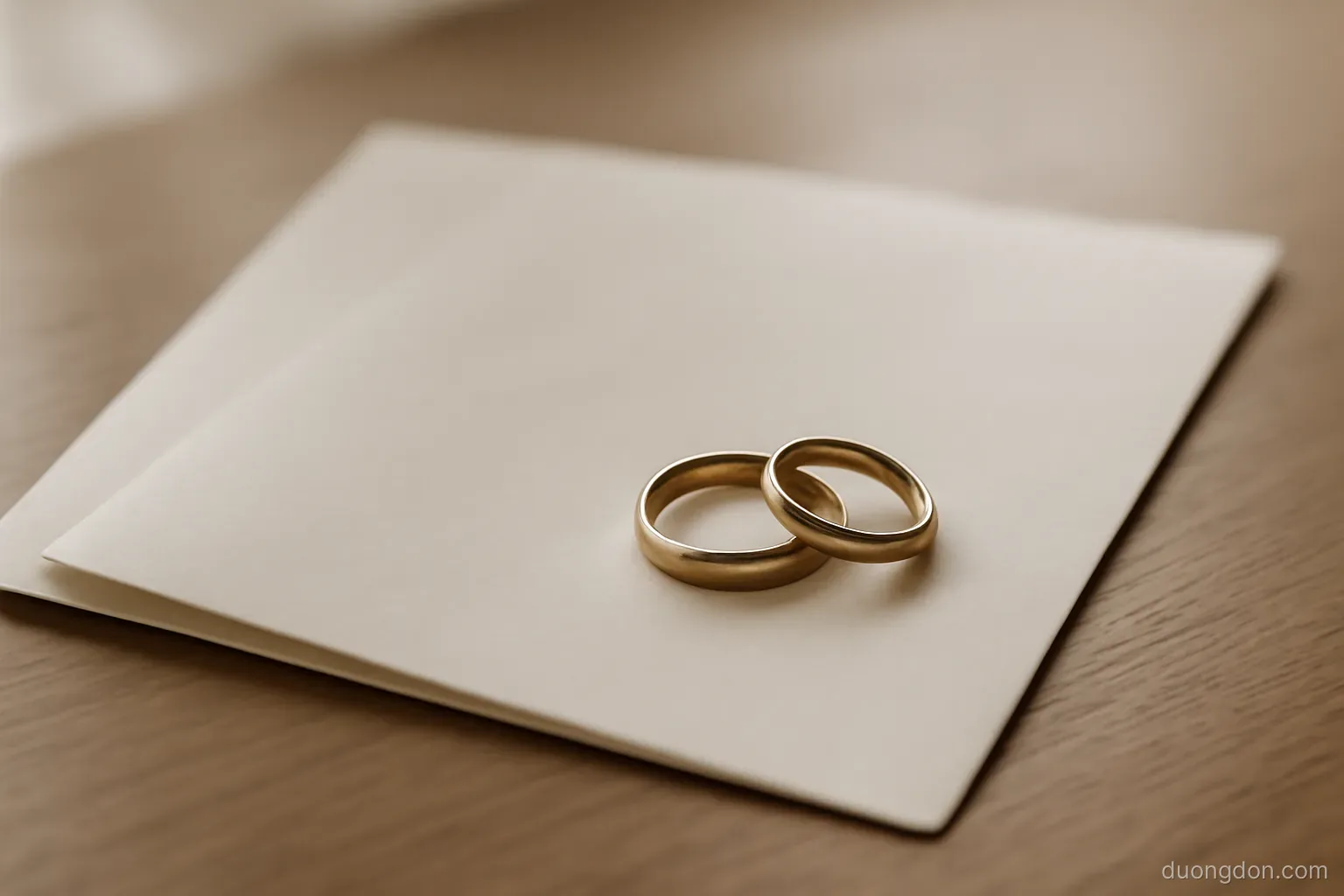 two wedding rings placed on a folded document on a table, close view, soft window light, paper blank