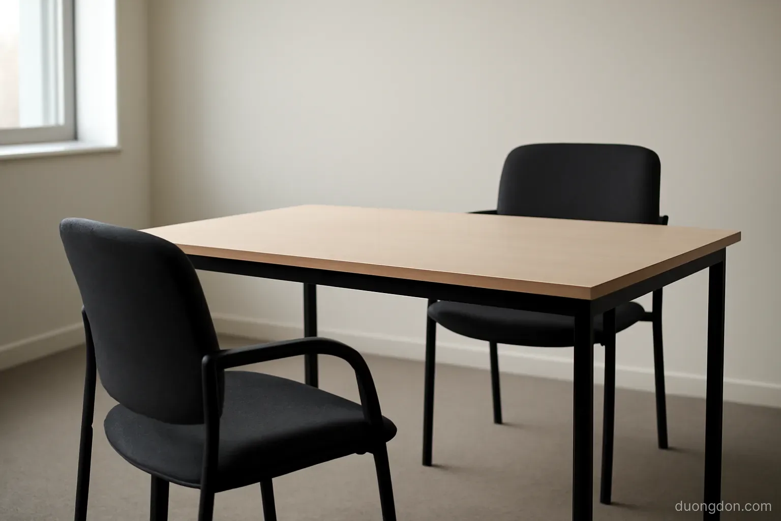 two chairs at a small office table with one chair pushed back and empty, neutral room, no papers or logos visible
