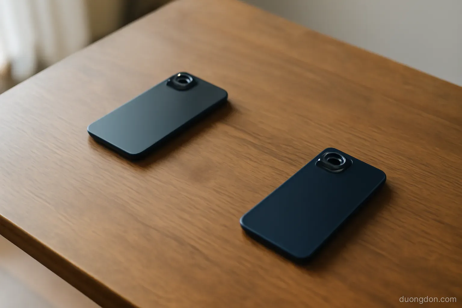 two phones lying face down on opposite ends of a wooden table in a quiet room, overhead view, neutral daylight