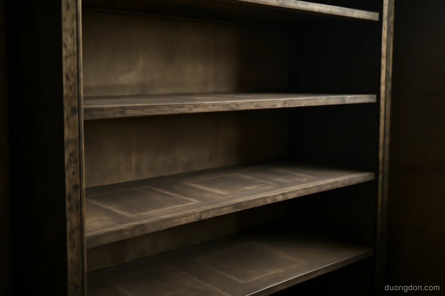 an empty archive shelf with dust marks where folders once stood, dim storeroom light, no labels