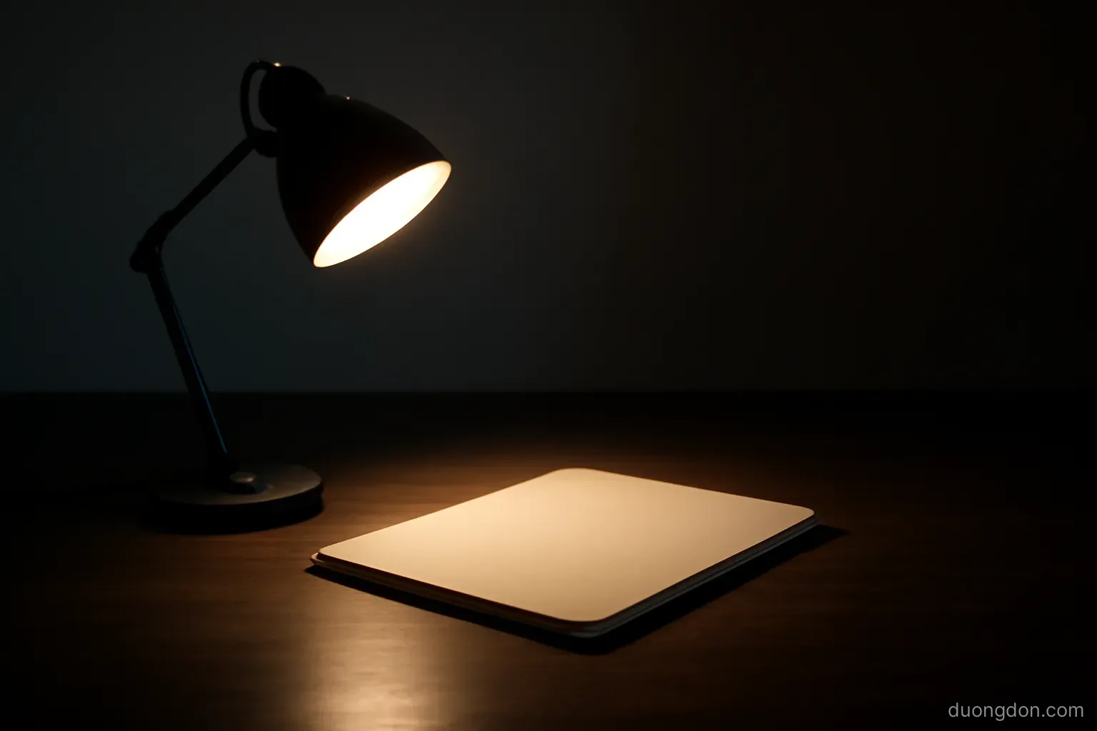 a desk lamp casting a focused circle of light on an otherwise dark table with a closed folder inside the circle