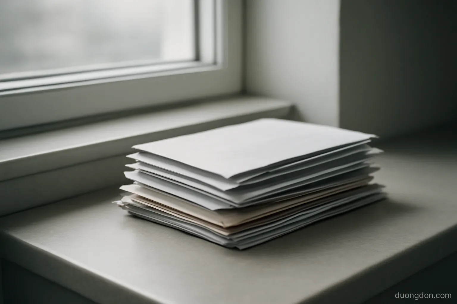 a stack of unopened mail sitting on the corner of a counter under a window, soft grey light, envelopes plain