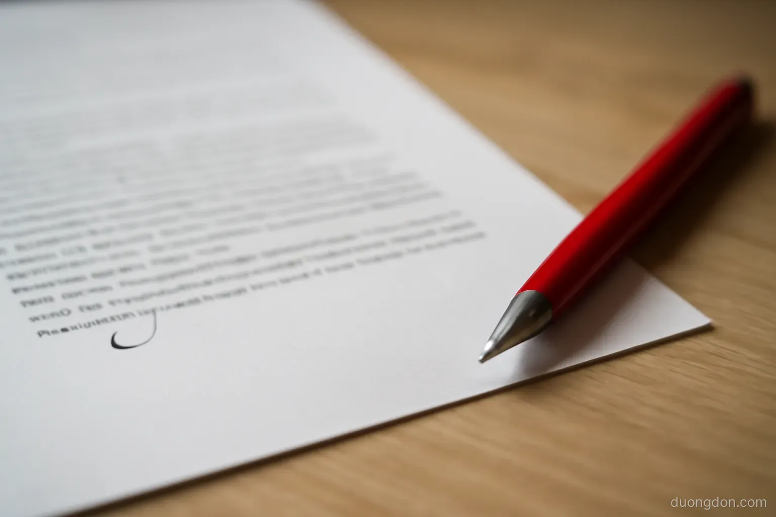 a printed page with a small correction mark in the margin lying on a table beside a red pen, close view, text blurred