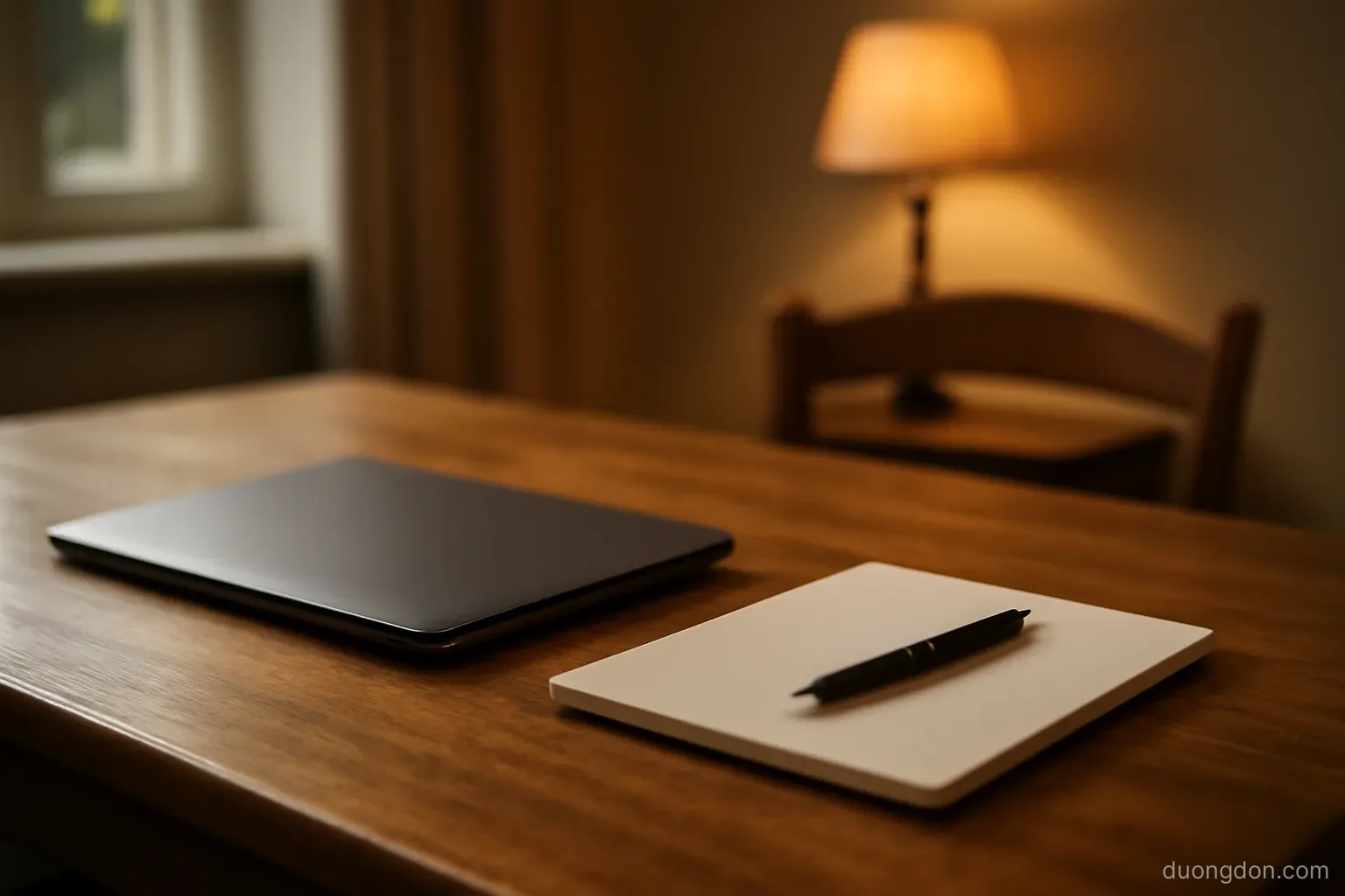a kitchen table with a laptop closed and a notepad with a pen laid across it, evening lamp light, page blank