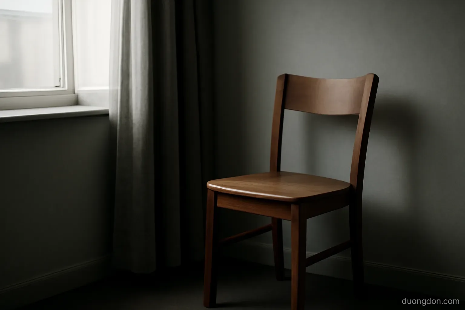 an empty chair beside a window with curtains half drawn and soft grey daylight, quiet room, nothing else in frame