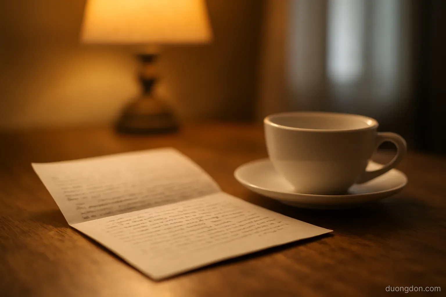 a handwritten letter partly folded on a wooden table next to an empty teacup, warm lamp light, handwriting not readable