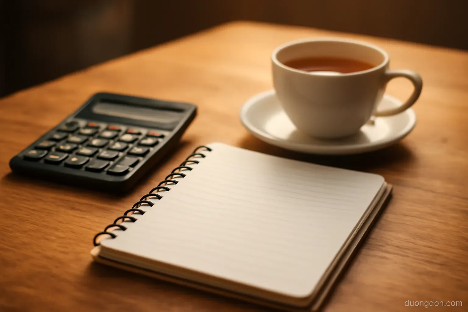 a household budget notebook open beside a calculator and a cup of tea on a table, warm evening light, page lines blank