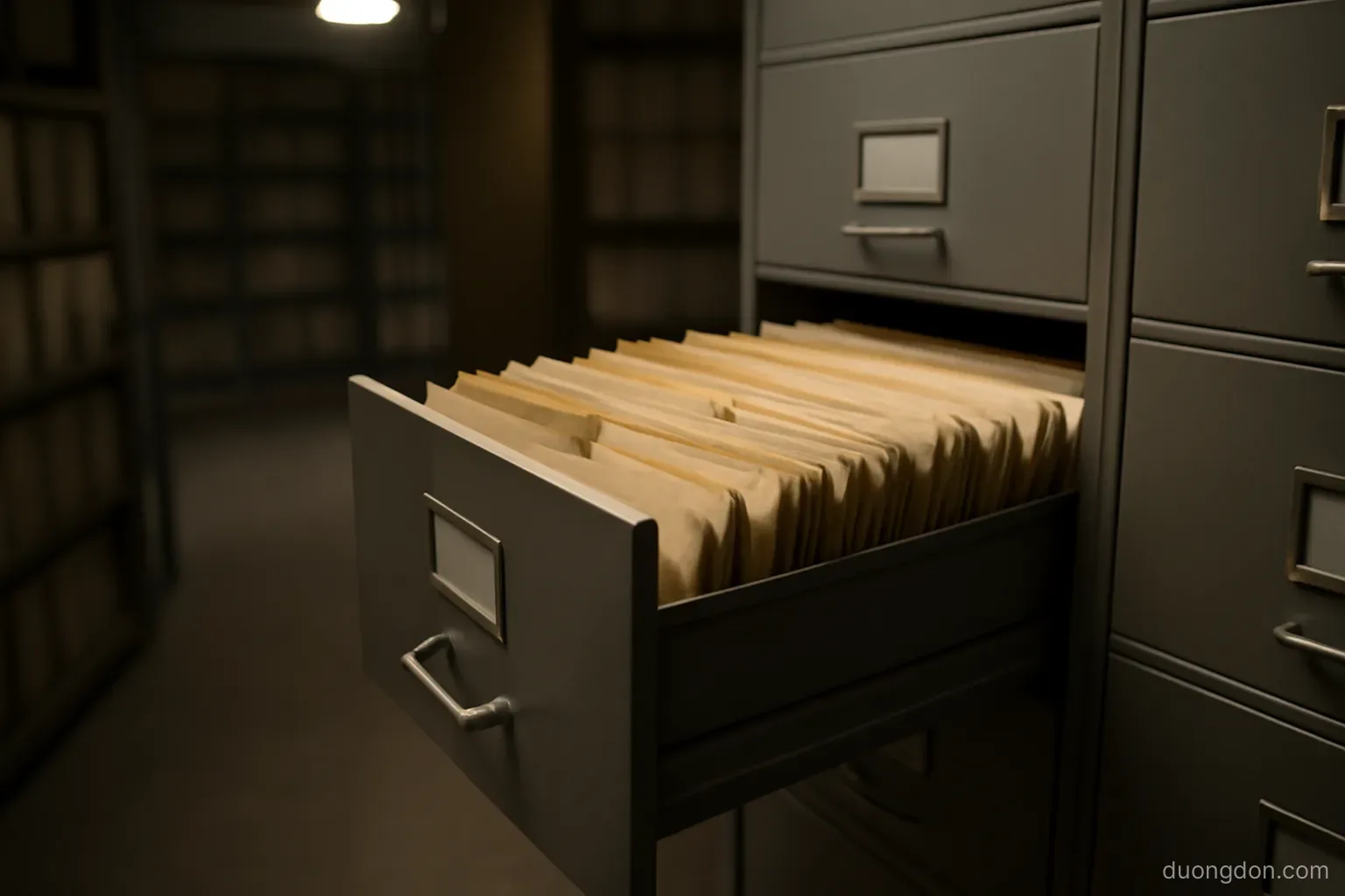 an open filing cabinet drawer packed with unlabeled folders in a quiet archive room, dim overhead light, no text on tabs
