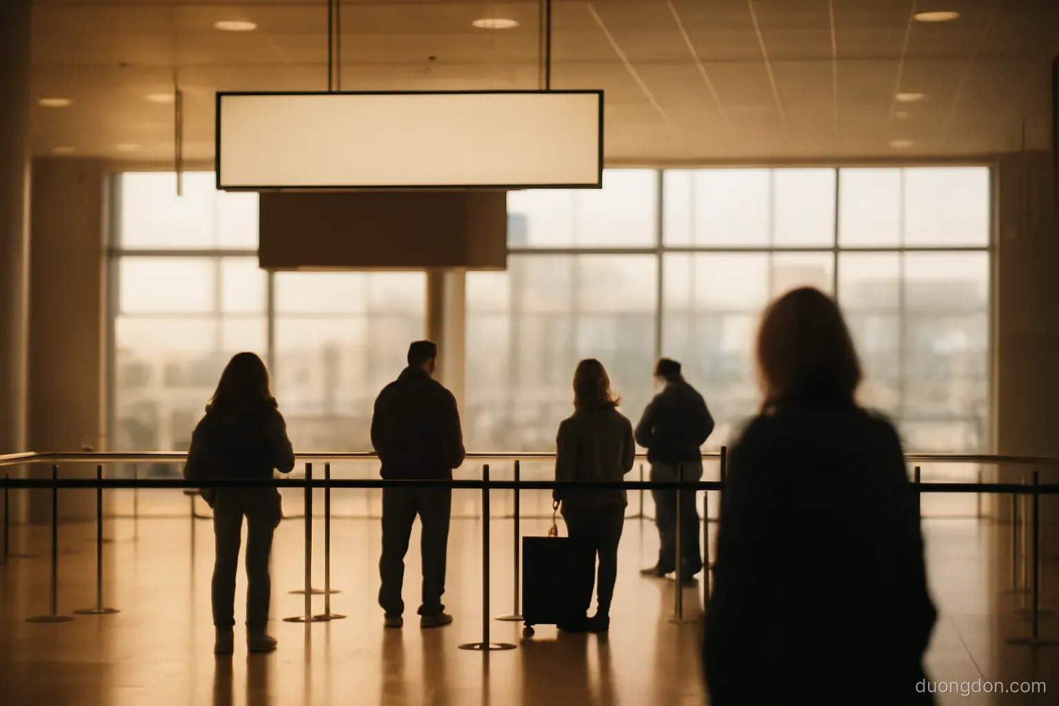 an airport arrivals hall seen from a distance with a few figures waiting near a barrier, warm light, no signs readable