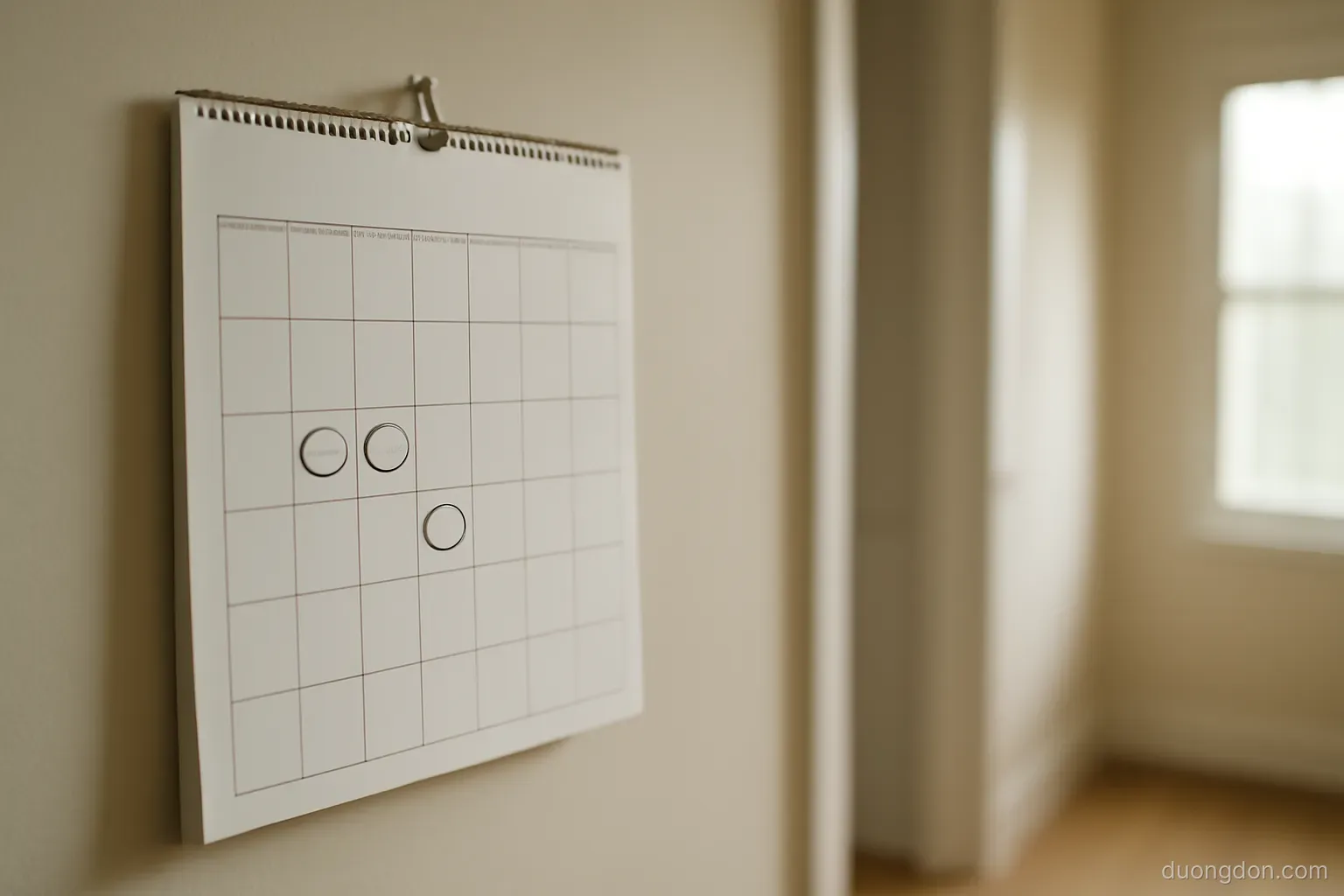 a wall calendar hanging in a hallway with a few days circled in pen, plain grid without numbers, daylight from a side window
