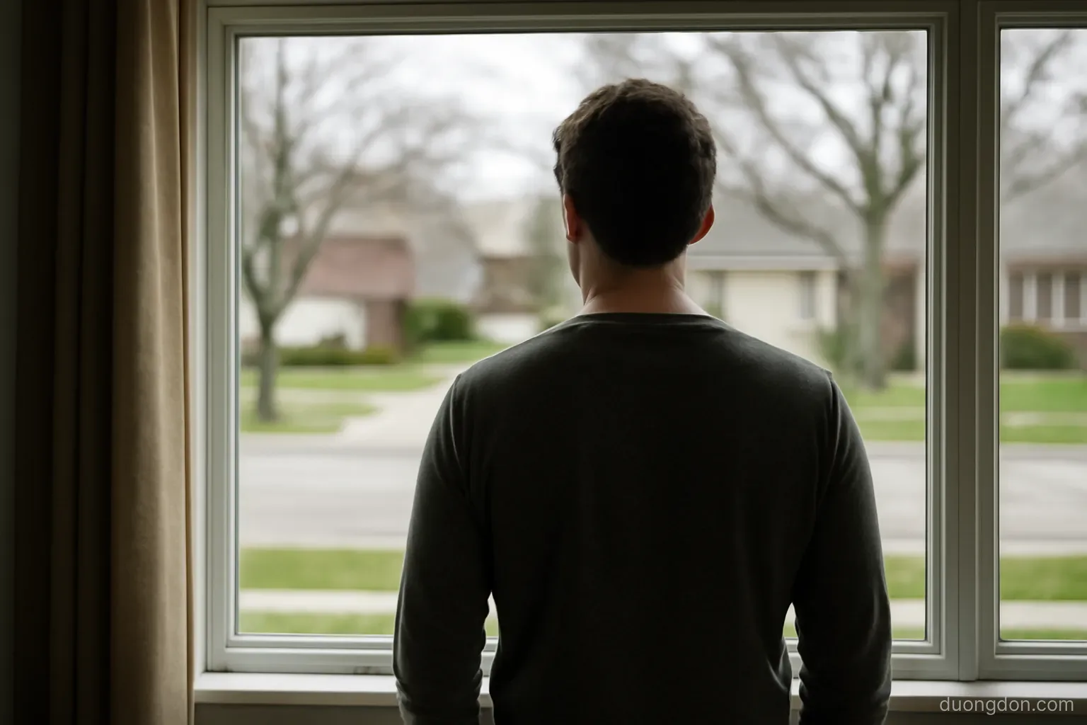 a person standing at a window of a suburban house looking out at a quiet street, seen from inside, back view, no signage