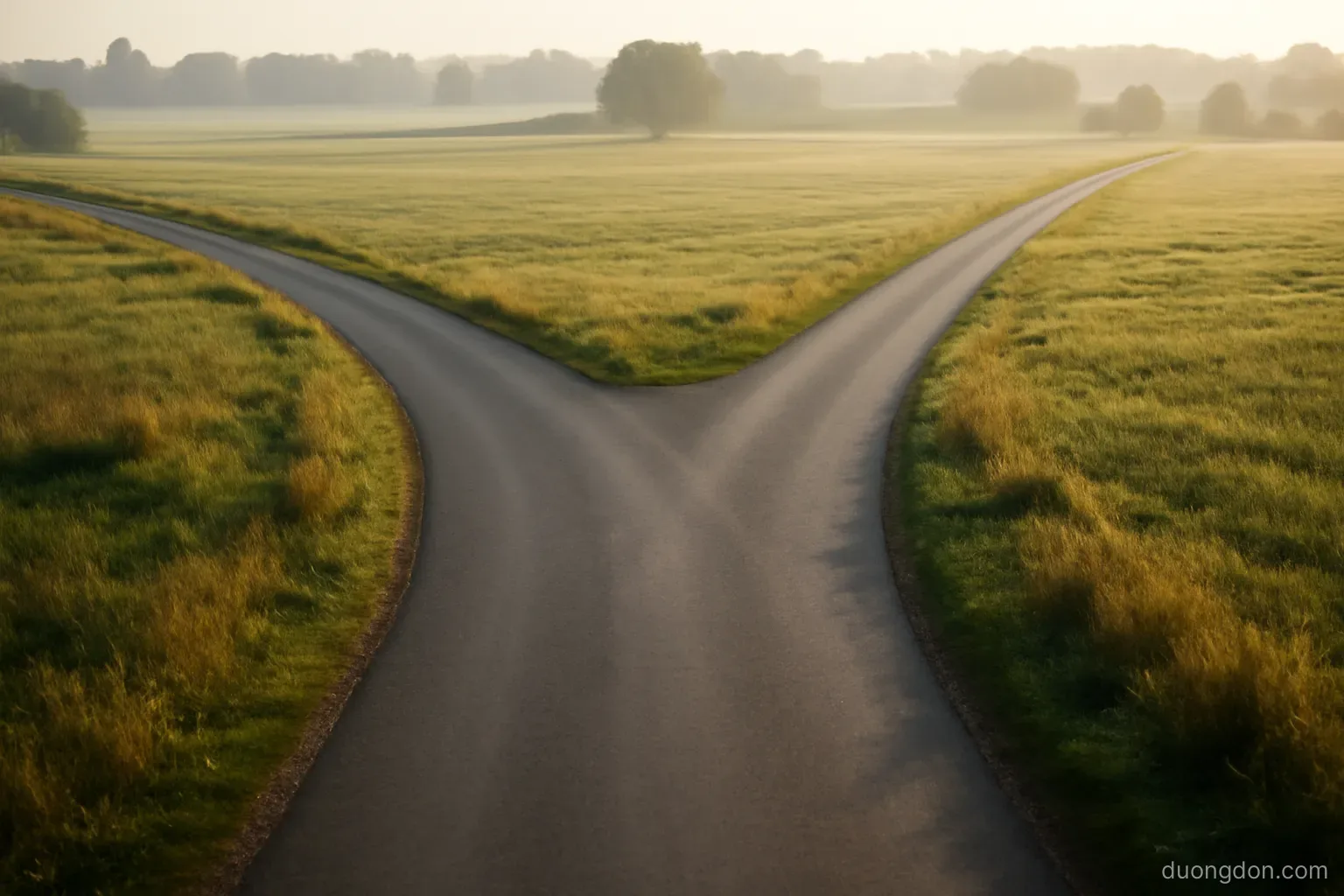 a road fork seen from above with two paths diverging through open countryside, morning light, no vehicles or signs