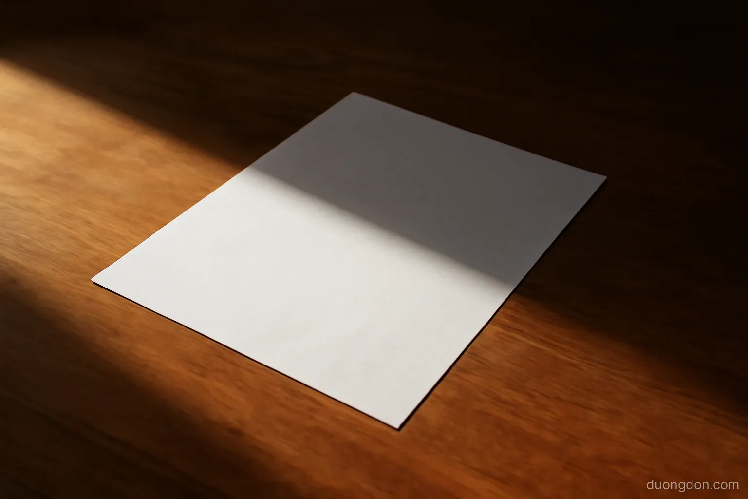 a thin line of light falling across a wooden desk dividing it into bright and shadow, a single sheet of paper on the boundary