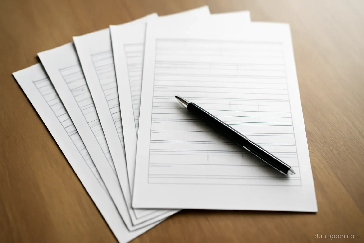 a multi page application form fanned out on a table with a pen resting on top, overhead view, print not legible