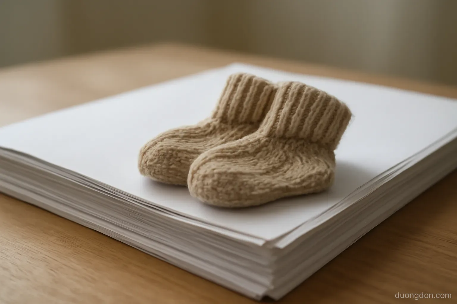 a pair of tiny knitted baby socks resting on a stack of folded paperwork, soft daylight, documents face down