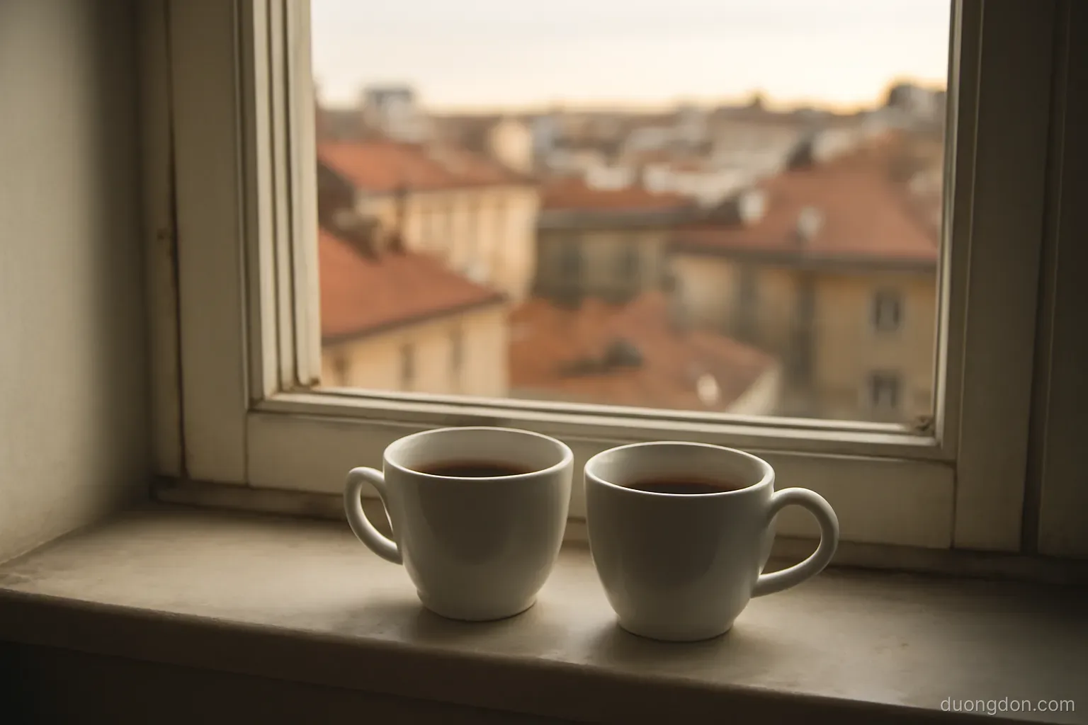 two coffee cups on a windowsill in a small apartment with city rooftops outside, early morning light, no people in frame