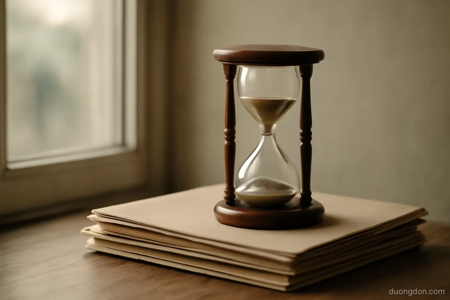 an hourglass standing on a stack of closed folders near a window with morning light, muted tones, no writing visible